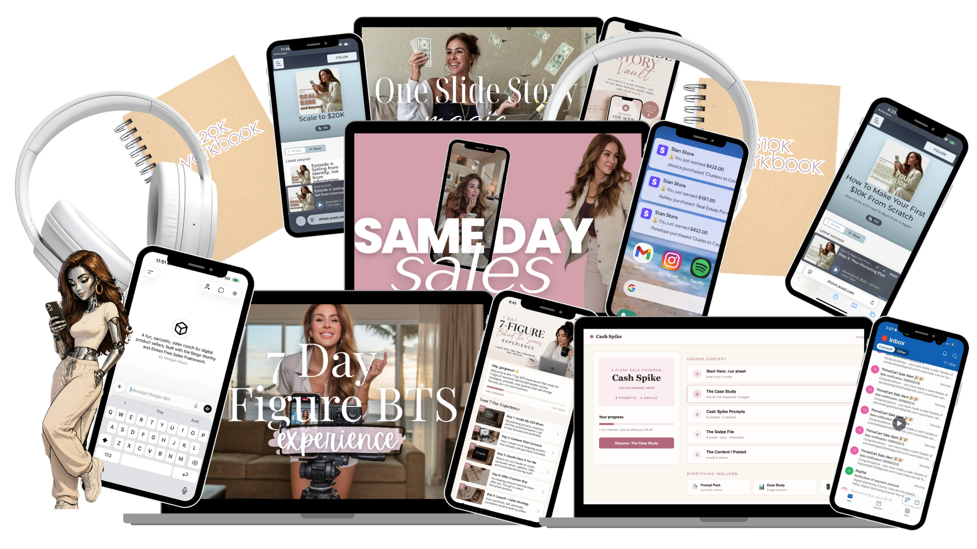 Every resource included in the Your First $10K Month Bundle shown across phones, laptops and workbooks